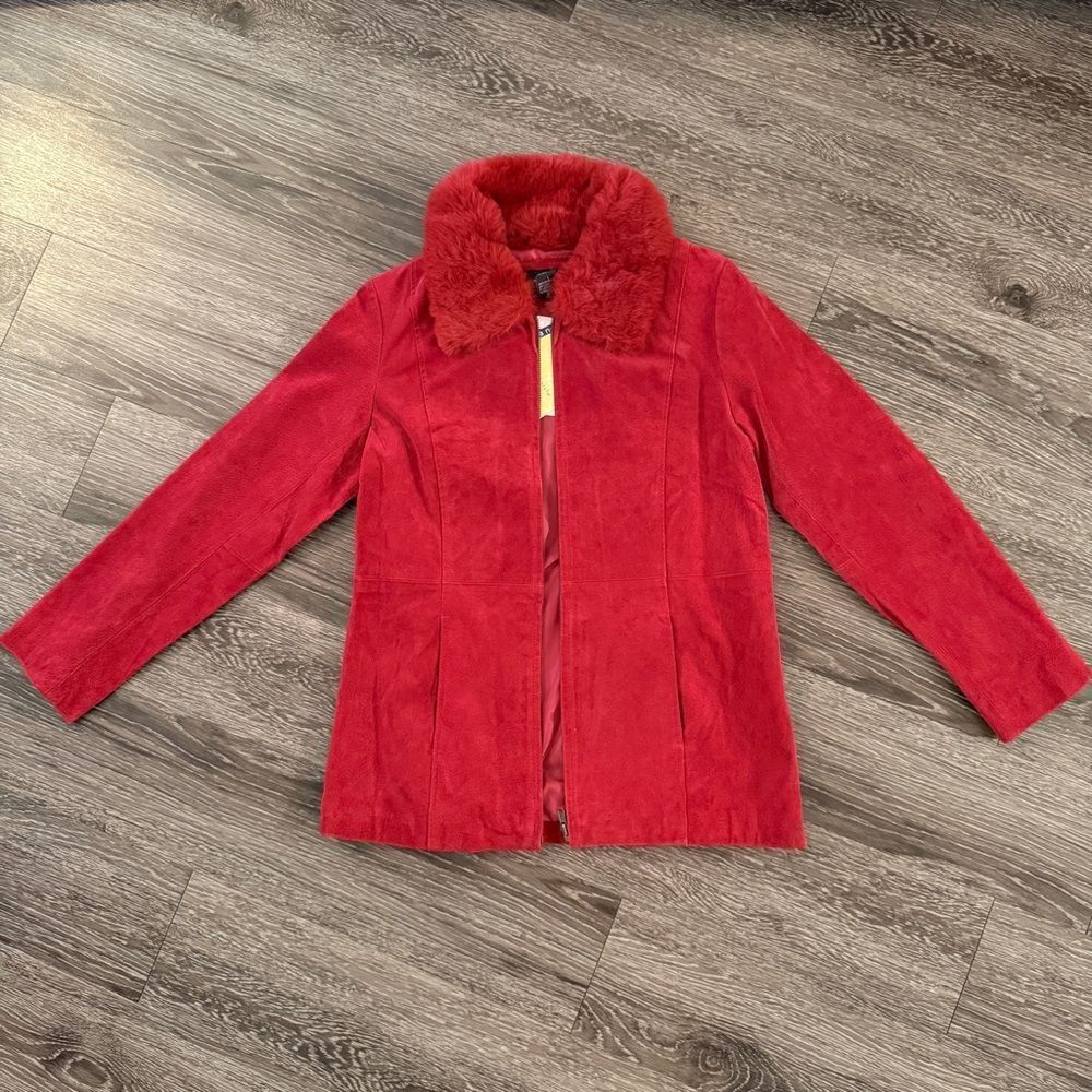 Centigrade Leather Red Faux Fur Collar Leather Zip Up Jacket